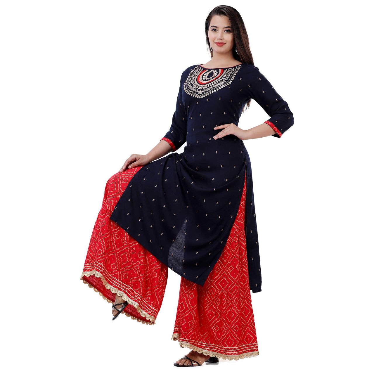 Ashta Vinayak Creations Women's  Casual Rayon Embroidered Straight Kurti With Sharara Set(AVC74_Black_Red)