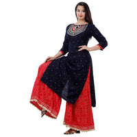 Ashta Vinayak Creations Women's  Casual Rayon Embroidered Straight Kurti With Sharara Set(AVC74_Black_Red)