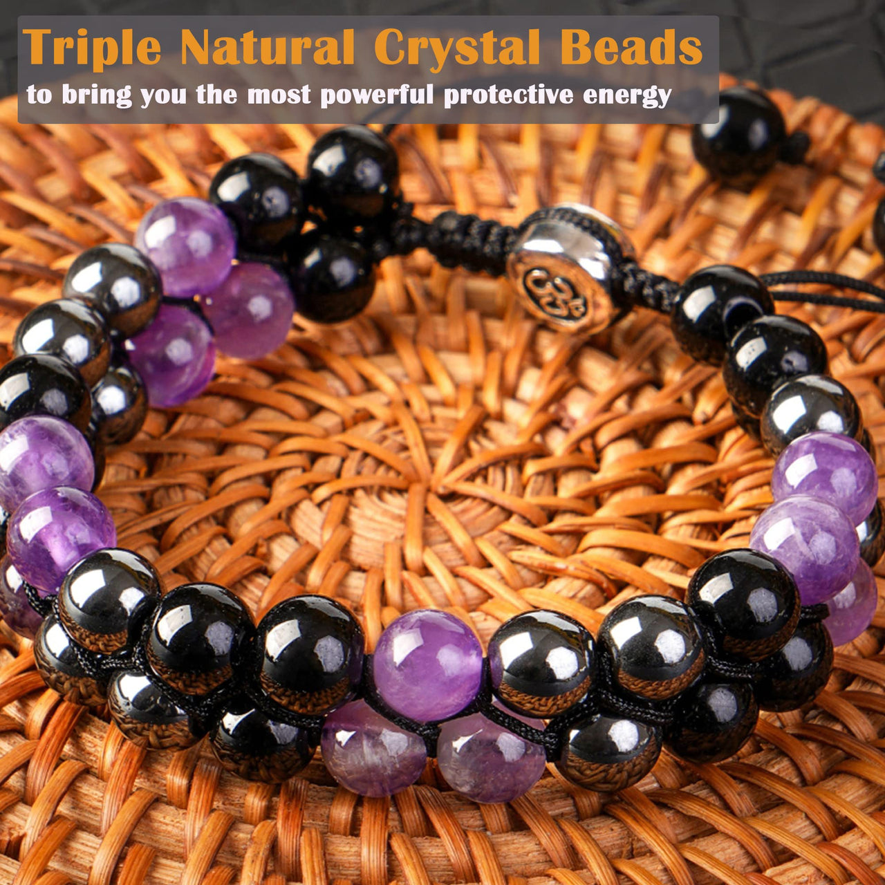 Triple Protection Bracelet for Men Women, Genuine Amethyst Black Obsidian Hematite 8mm Beads Bracelet ,Handmade Natural Stone Crystal Bracelets for Protection Healing Balance Amethyst Bracelet