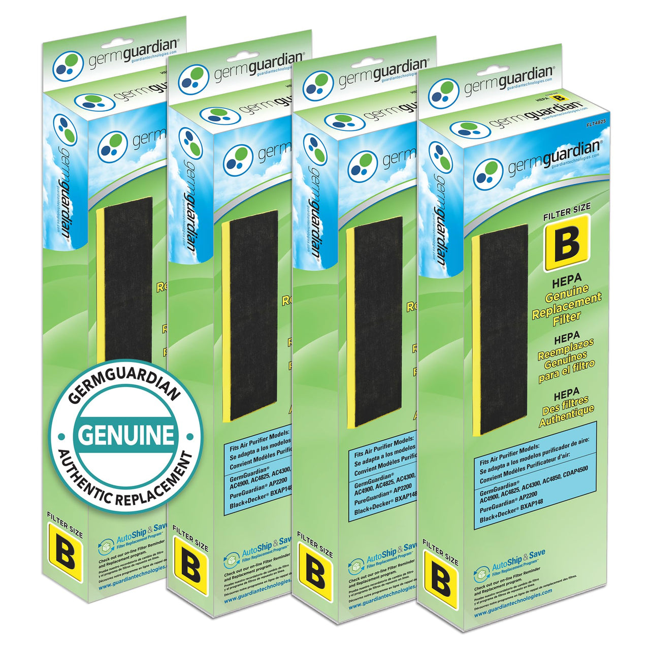 GermGuardian Filter B HEPA Pure Genuine Replacement Filter, Removes 99.97% of Pollutants for AC4825, AC4300, AC4900, AC4825DLX, AC4850, CDAP4500, AP2200, 4-Pack, Black/Yellow, FLT48254PK 4 pack