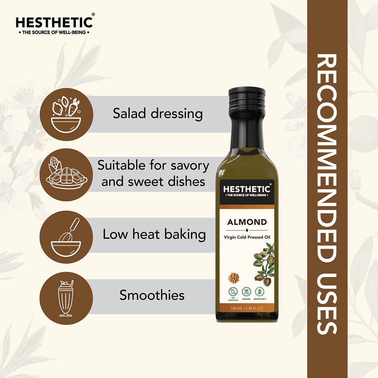 HESTHETIC Premium Virgin Cold Pressed Sweet Almond (Badam) Oil – 100ml, 100% Pure & Natural, Rich in Vitamin E, Moisturizing Oil for Skin, Hair & Nails, Cold-Pressed, Glass Bottle