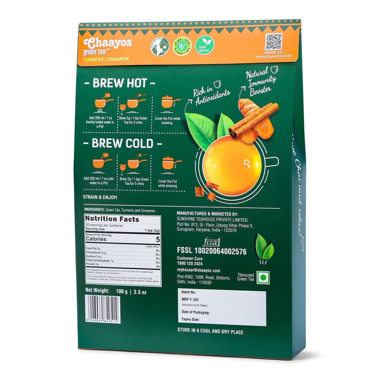 Chaayos Turmeric Cinnamon Green Tea | Turmeric Cinnamon Tea | Whole Leaf Loose Tea | Immunity Boosting - 100g [50 Cups] | Antioxidant Green Tea | Green Tea