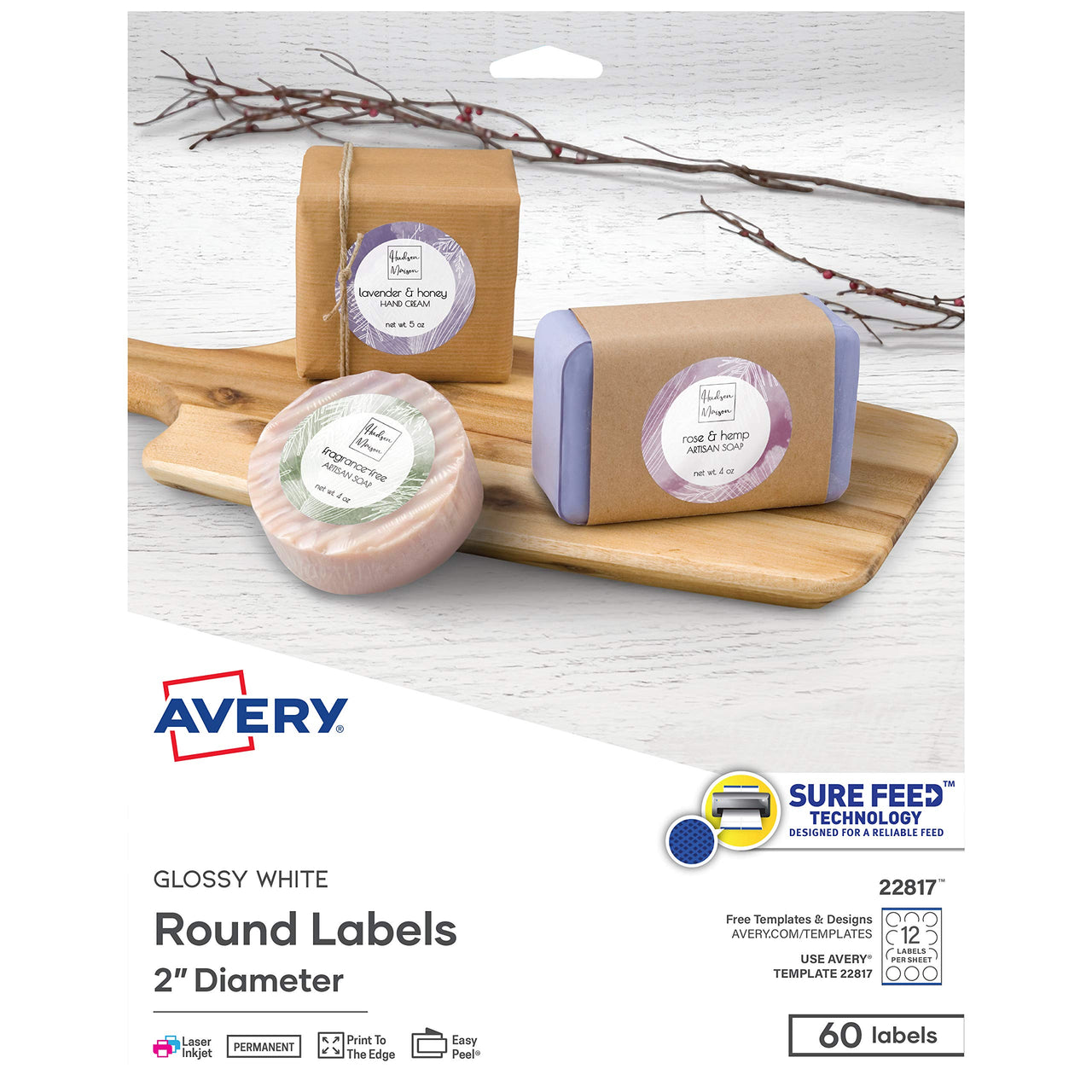 Avery Printable Round Labels with Sure Feed, 2" Diameter, Glossy White, 60 Customizable Labels (22817) 60 Count (Pack of 1)