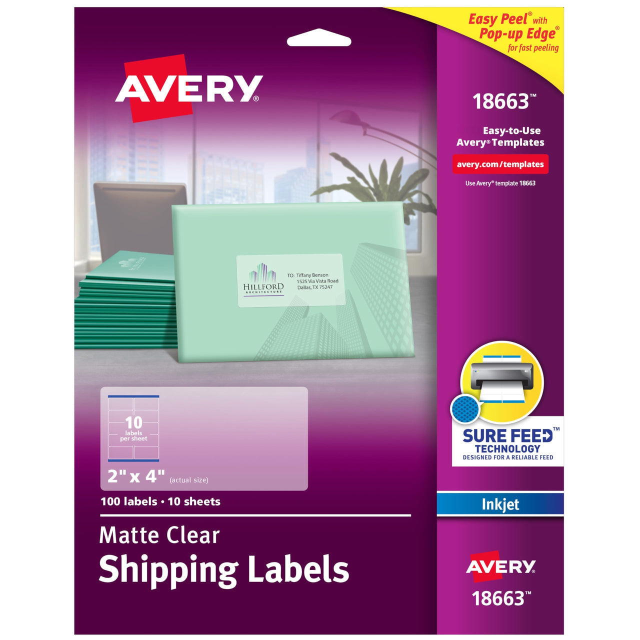 Avery Printable Shipping Labels with Sure Feed, 2" x 4", Matte Clear, 100 Blank Mailing Labels (18663) Label 100 labels