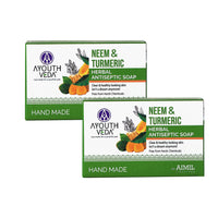 Ayouthveda Neem and Turmeric Herbal Soap | Antiseptic Bathing Soap with Natural Fragrance | Prevents Skin Disease With Neem & Turmeric | For Glowing & Acne Free Skin (Pack of 2-100g each)