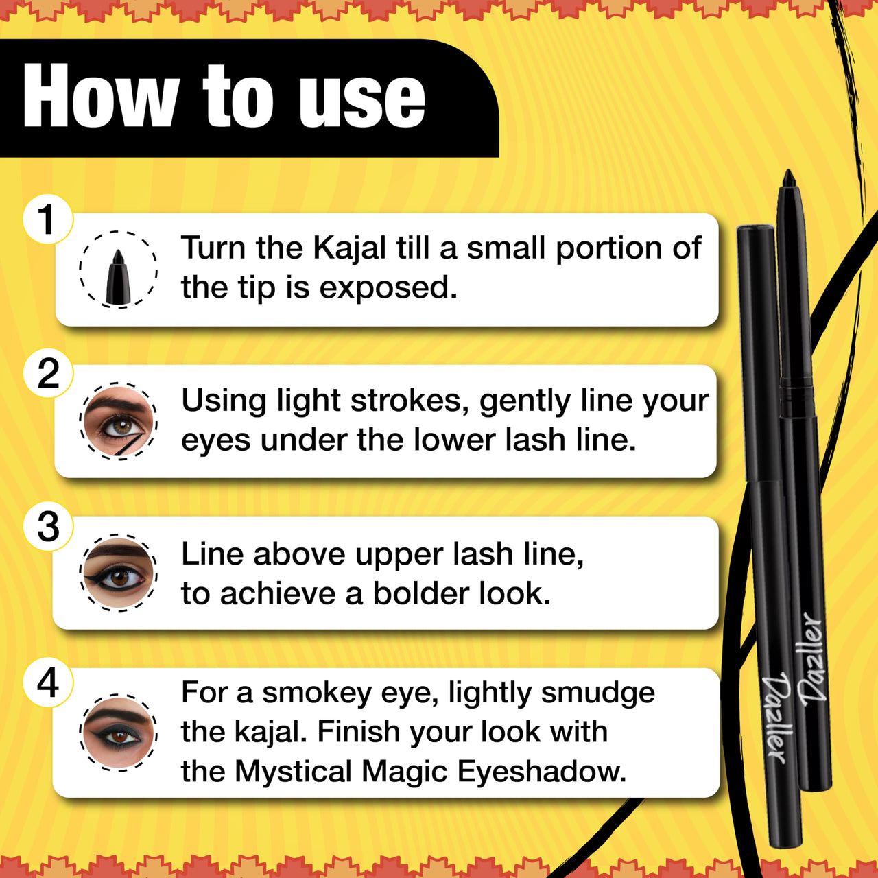 Dazller Kreamy Kajal - Pack of 2, Blackest Black, 15 Hour Stay, Water-Resistant, Smudge-Proof, Creamy Matte Finish