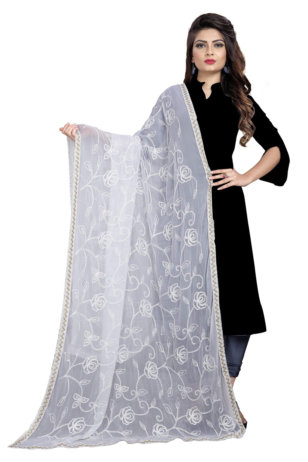 AKSHAR LLC Miss India Women's  Chiffon Dupatta With Karachi Embroidery Work_2.30mtr