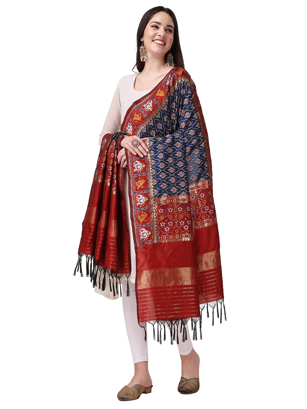 KAPAAHA Women's  Woven Silk Blend Patola Fulwadi Dupatta, Width 45 inch, Length 2.5 meter