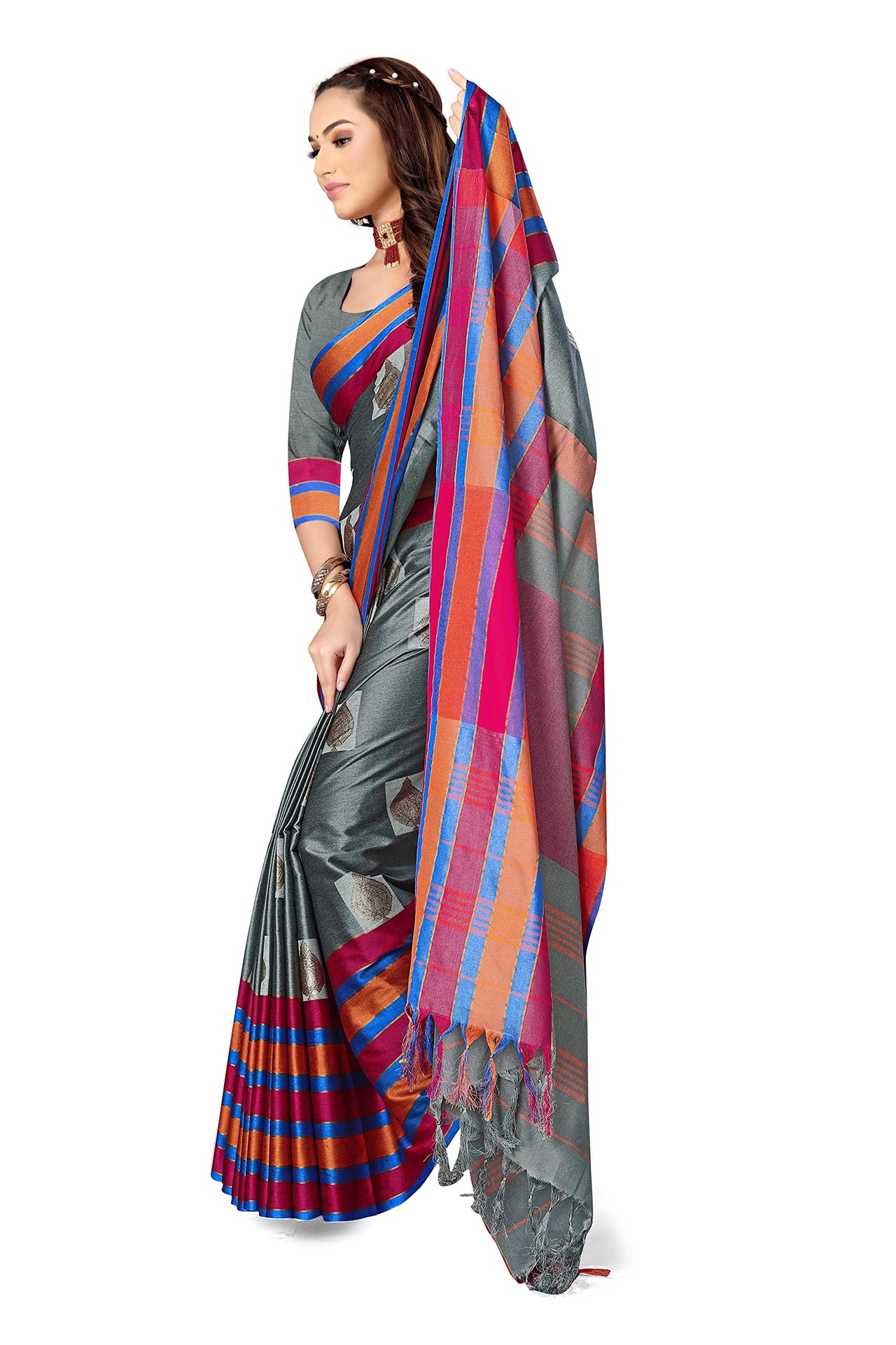 GRECIILOOKS Women's  Art Cotton Silk With Golden Border Printed Soft Silk Saree With Blouse Piece