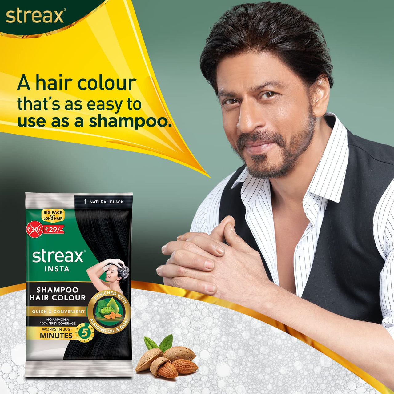 Streax Insta Shampoo Hair Colour for Men & Women, Natural Black, 25ml (Pack of 8) | Enriched with Almond Oil & Noni Extracts | Long-Lasting Instant Colour
