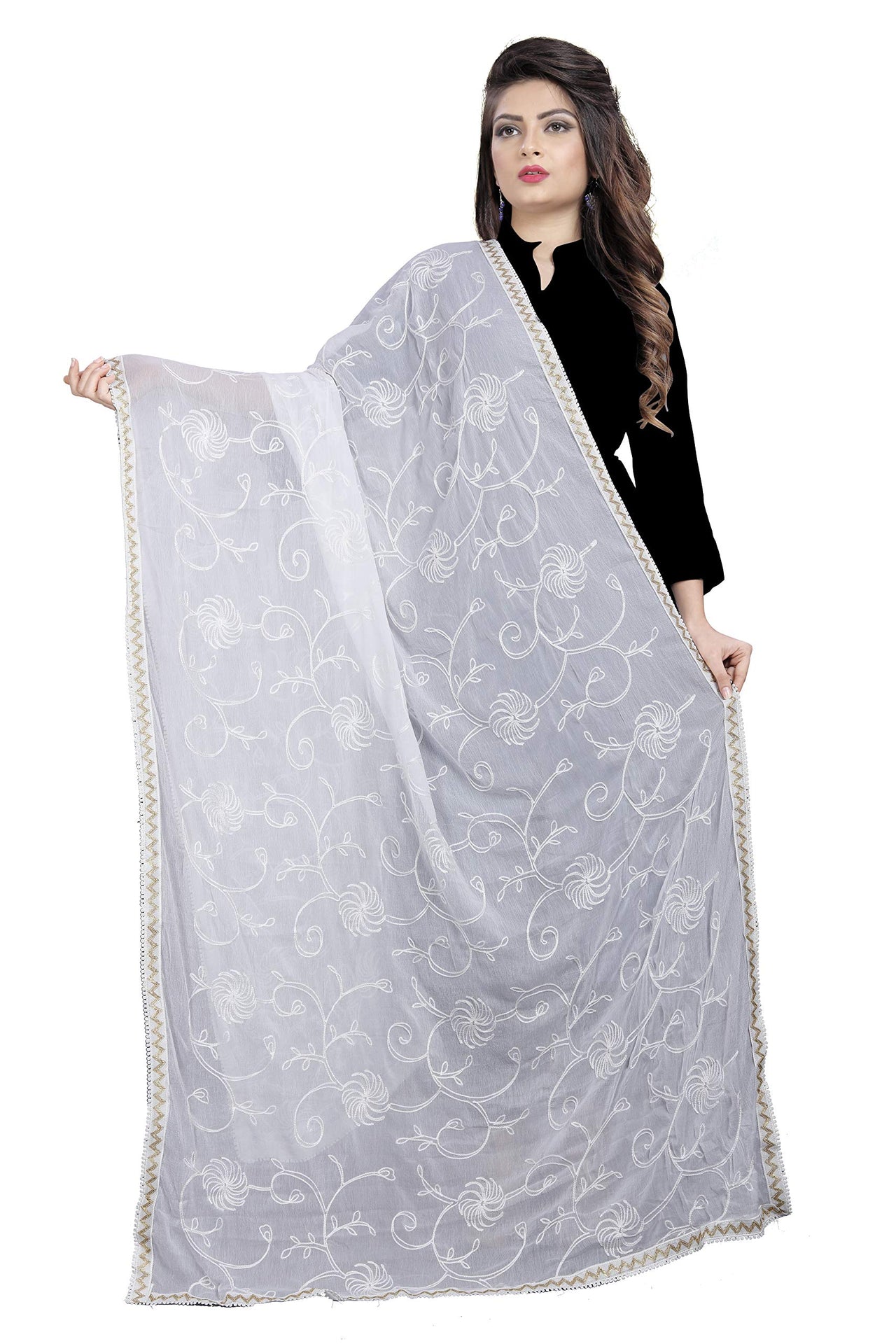 AKSHAR LLC Women's  Designer Pure Chiffon Dupatta with Pure Cotton Thread Embroidery Work
