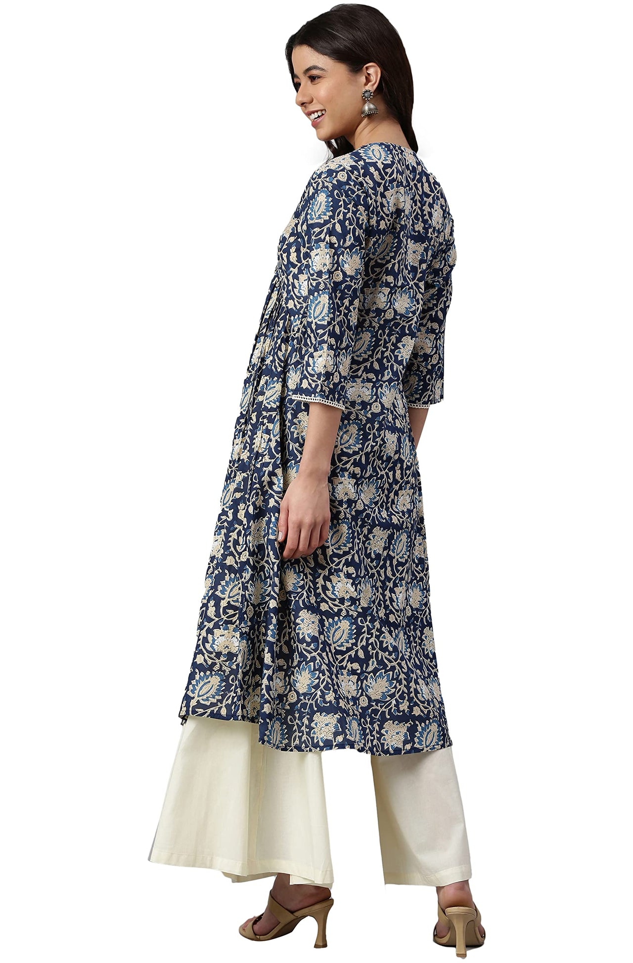 Janasya Women's  Navy Blue Cotton Floral Print Flared Kurta