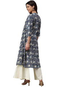Janasya Women's  Navy Blue Cotton Floral Print Flared Kurta