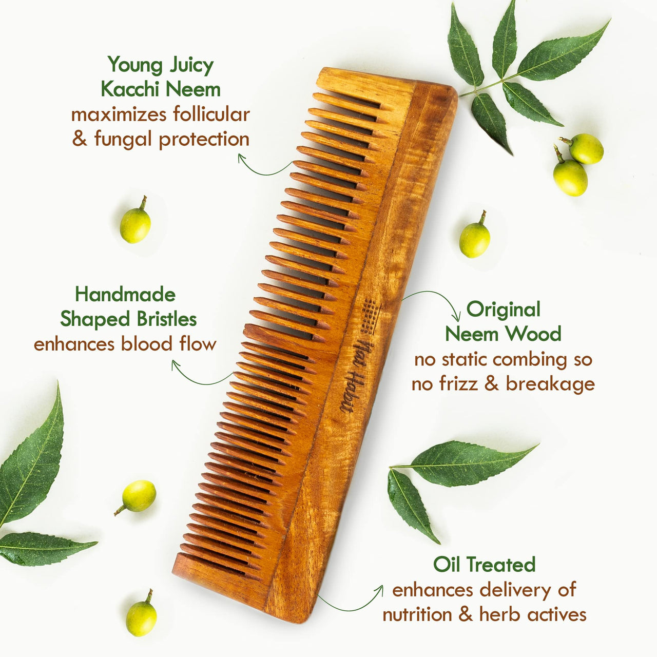 Nat Habit - Kacchi Neem Wooden Comb - Soaked In 17 Herbs, Neem & Sesame Oil For Multi-Actions - Detangling, Frizz Control & Shine (Dual Tooth & Wide Tooth) Combo Pack of 2