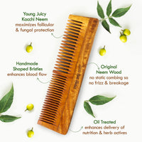 Nat Habit Kacchi Neem Wooden Comb, Soaked In 17 Herbs Neem, Castor & Coconut Oil For Multi-Actions Detangling, Frizz Control & Shine (Dual Tooth & Fine Tooth) Combo Pack of 2