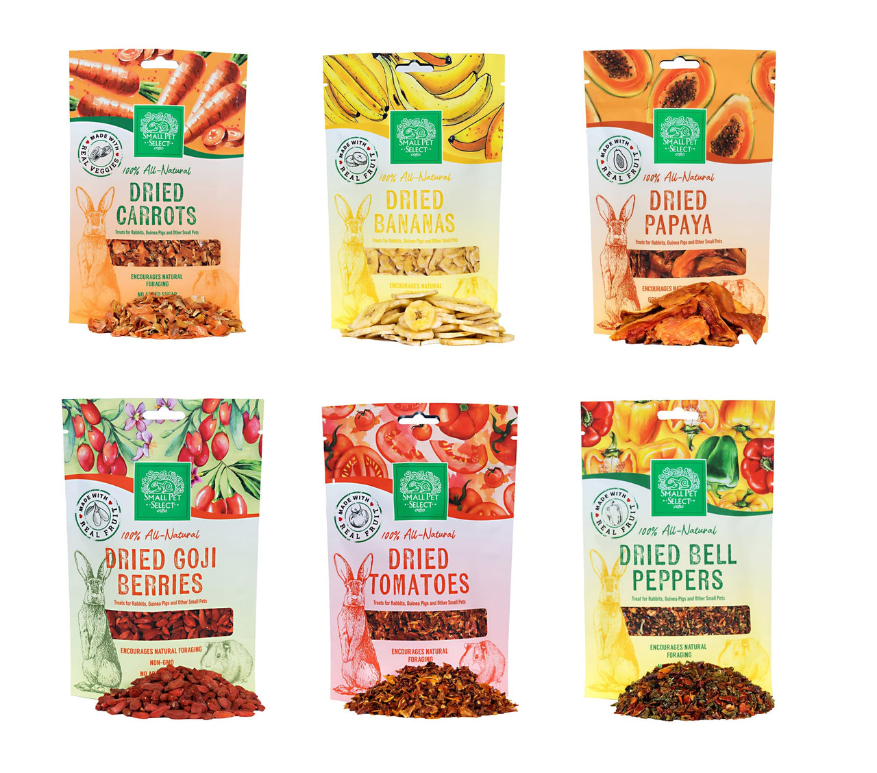 Small Pet Select - Dried Fruits and Veggies Sampler, a Natural Treat for Rabbits, Guinea Pigs, and Other Small Animals, Six Flavors! - 2oz Each