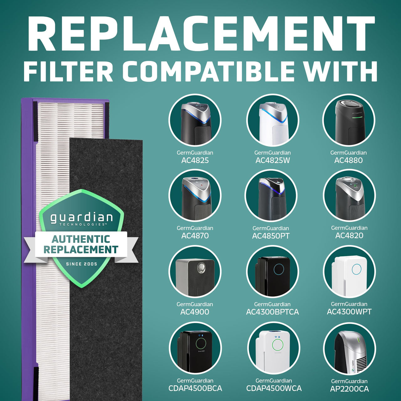 GermGuardian Filter B HEPA Pure Genuine Replacement Filter, Removes 99.97% of Pollutants for AC4825, AC4300, AC4900, AC4825DLX, AC4850, CDAP4500, AP2200, 4-Pack, Black/Yellow, FLT48254PK 4 pack