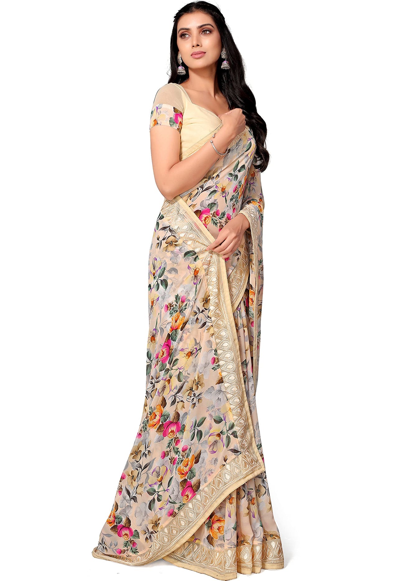 Shangrila Designer Digital Pastel Prints Weightless Georgette Saree With Blouse Piece