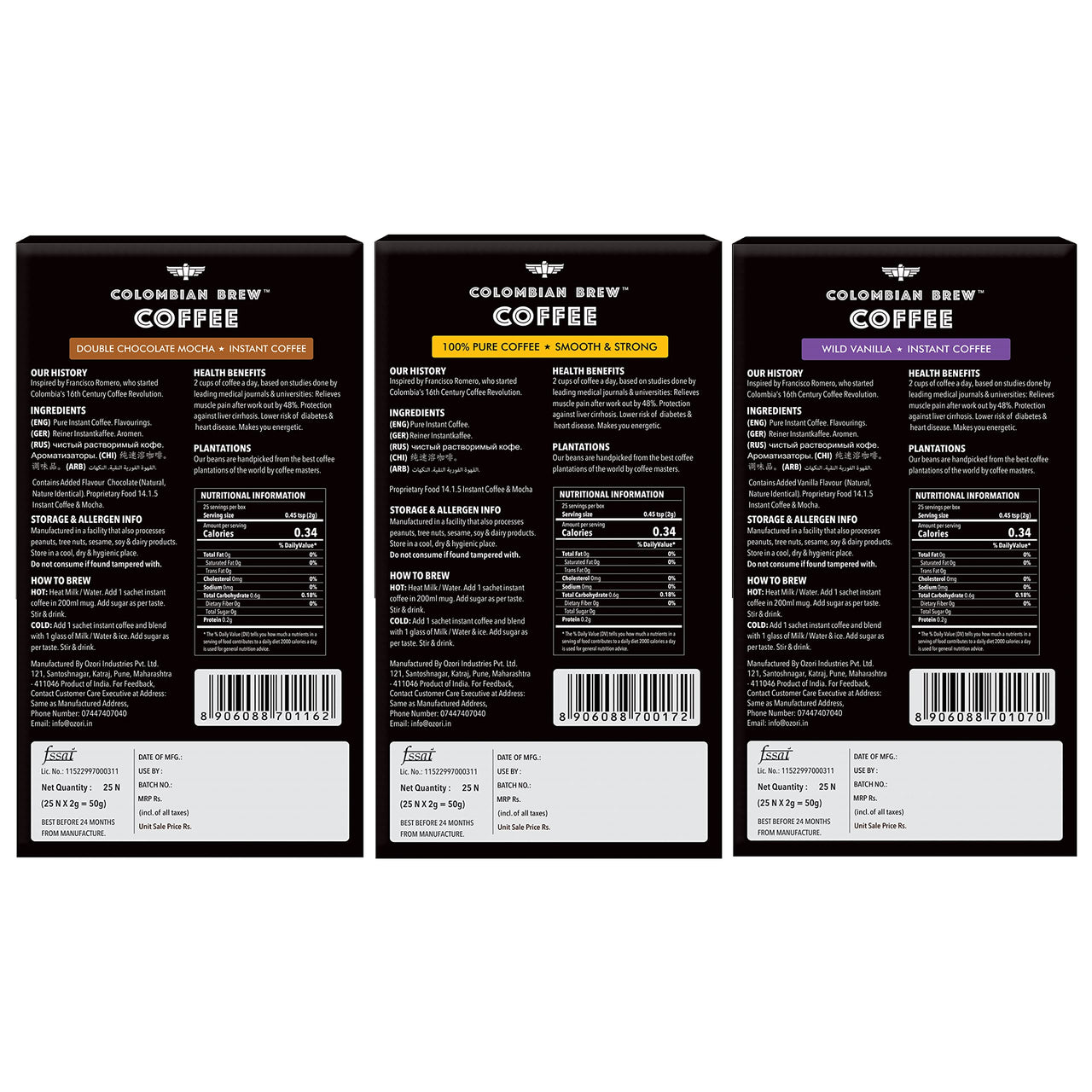 COLOMBIAN BREW COFFEE Powder Pure Instant 50 Gram, Vanilla Instant 50 Gram, Double Chocolate Mocha 50 Gram, (Gift Pack Box) Buy 2 + 1 Free