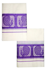 YETTALAN® Women's  Kerala Traditional Cotton Jacquard Work Set Mundu with Color Temple Border 2.00&2.80 Meters Maroon Peacock