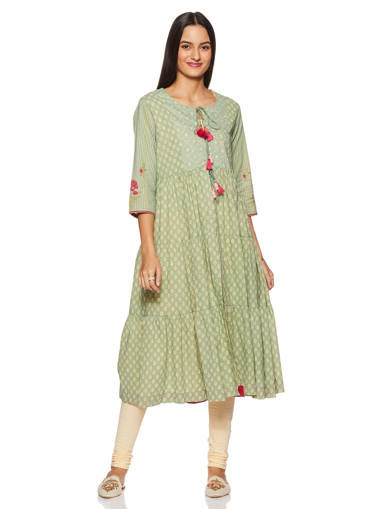 BIBA Womens Tie Up Neck Printed Layered Kurta Churidar with Jacket Set