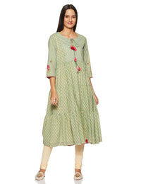 BIBA Womens Tie Up Neck Printed Layered Kurta Churidar with Jacket Set
