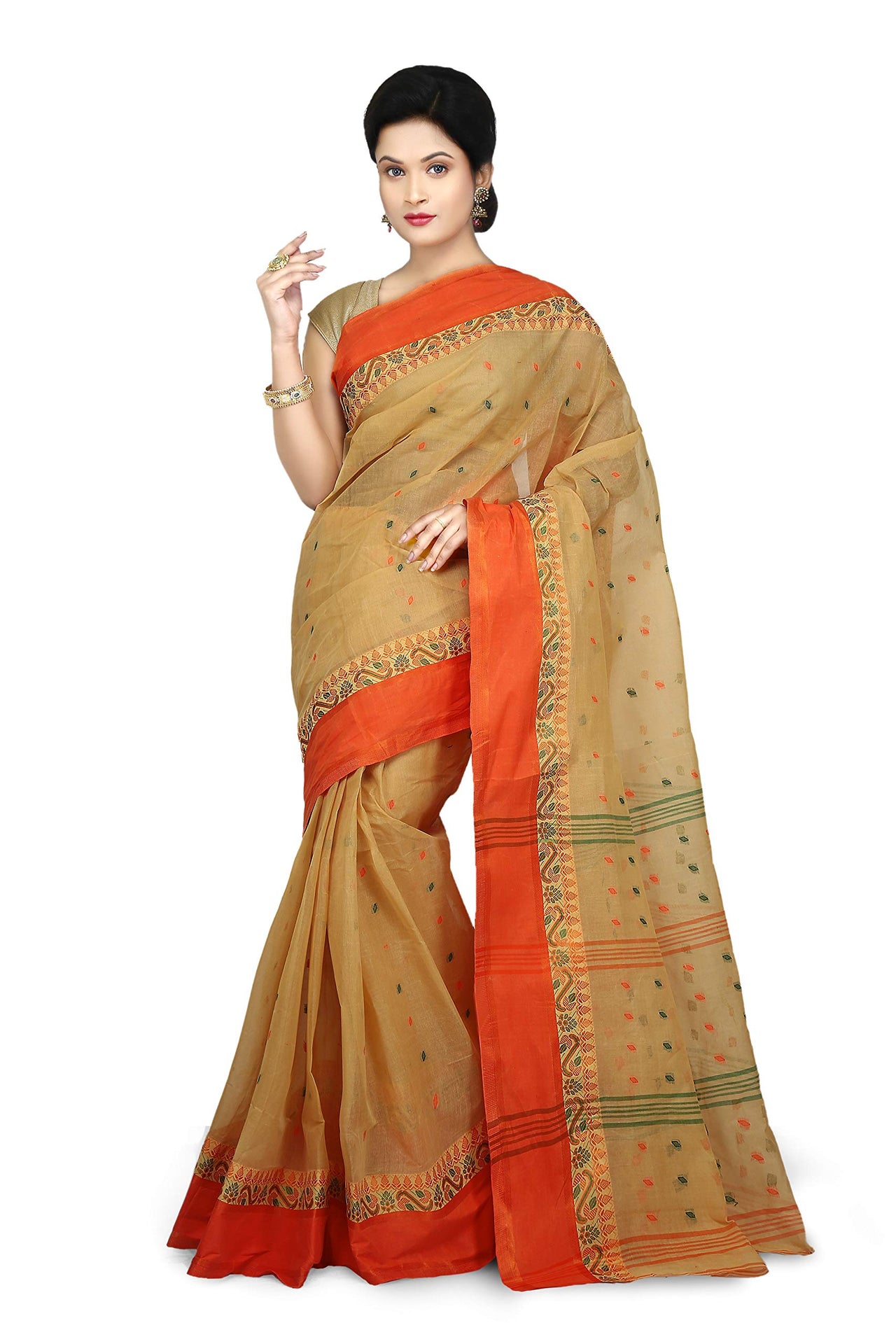 WoodenTant Women's  Handloom Cotton Tant Saree with Buti Work without blouse piece