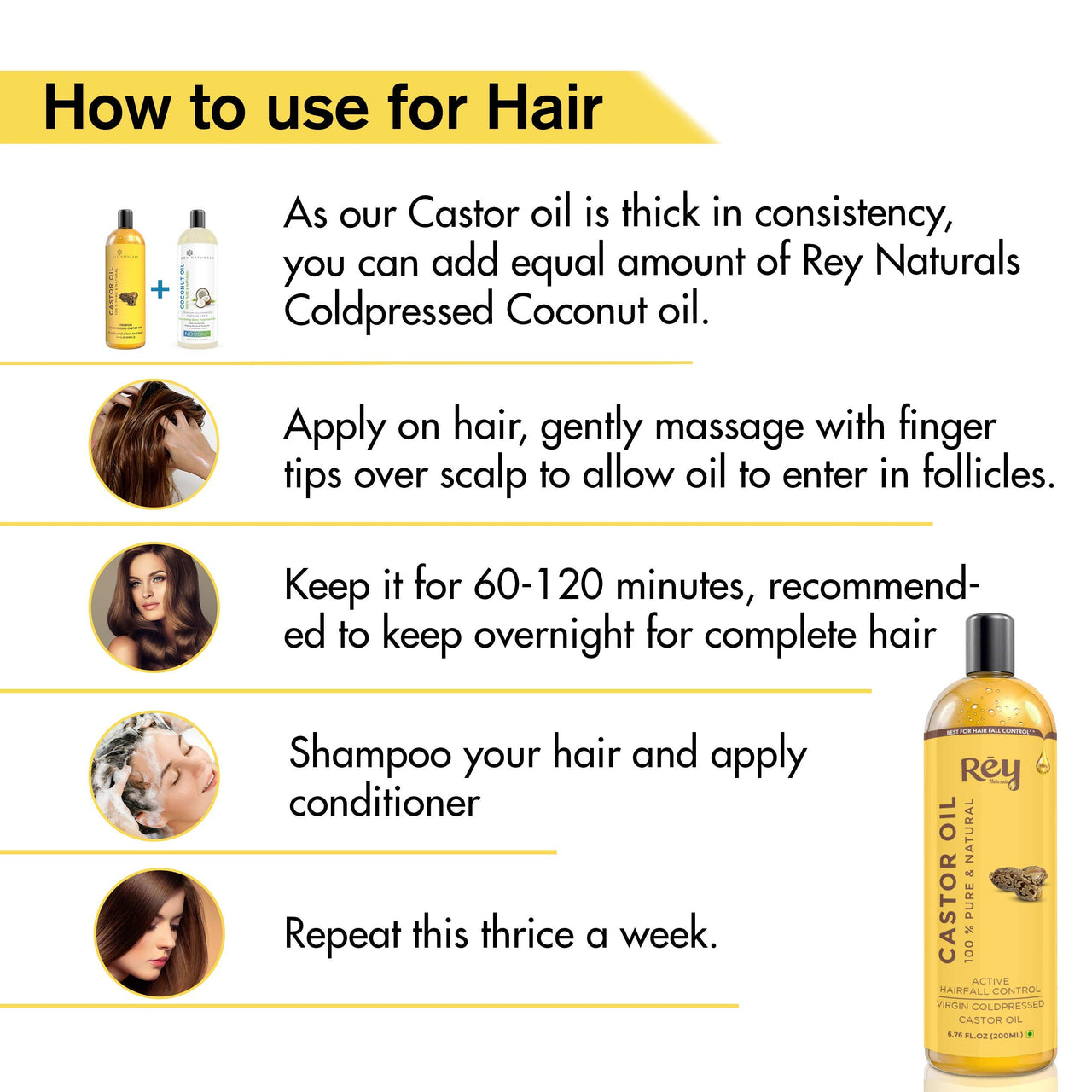 Rey Naturals Almond Oil & Castor Oil For Hair Growth, Hair Fall Control & Hydrated Scalp (Arandi Ka Tel, Badam Oil) - 200ml*2 | Cold Pressed Oil For Healthy Hair | Herbal Hair Oil For Men & Women