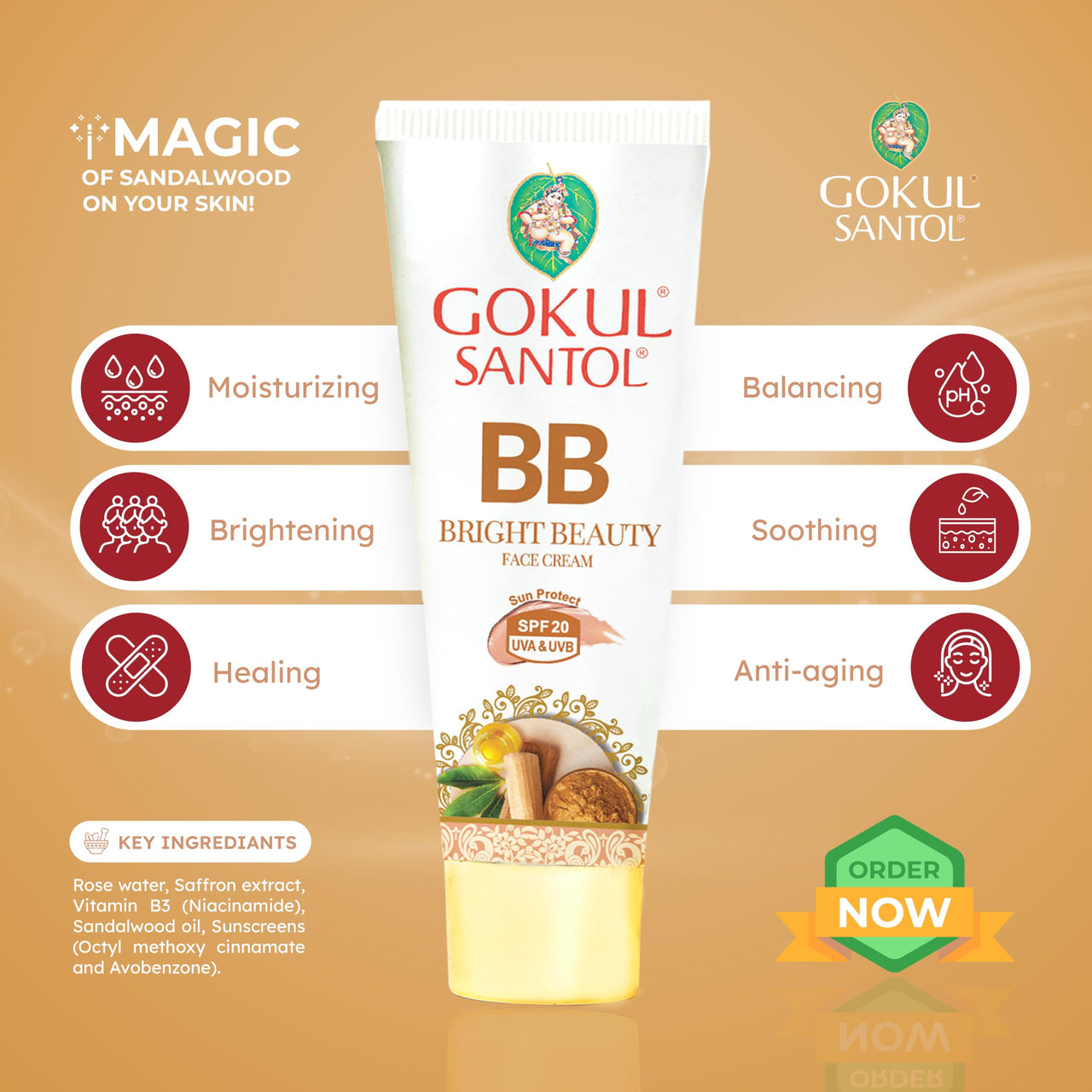 Gokul Santol Pure Sandalwood BB Cream - Brightening Beauty Cream with UV Protection | 25g (Pack of 3) | Moisturizing & Blemish-Free Coverage