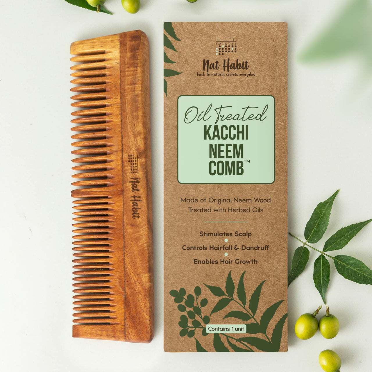 Nat Habit Cold Pressed Oil Combo Almond Oil 100ml and Dual Tooth Wooden Neem Comb For Hairfall, Hair Growth & Multi-Action