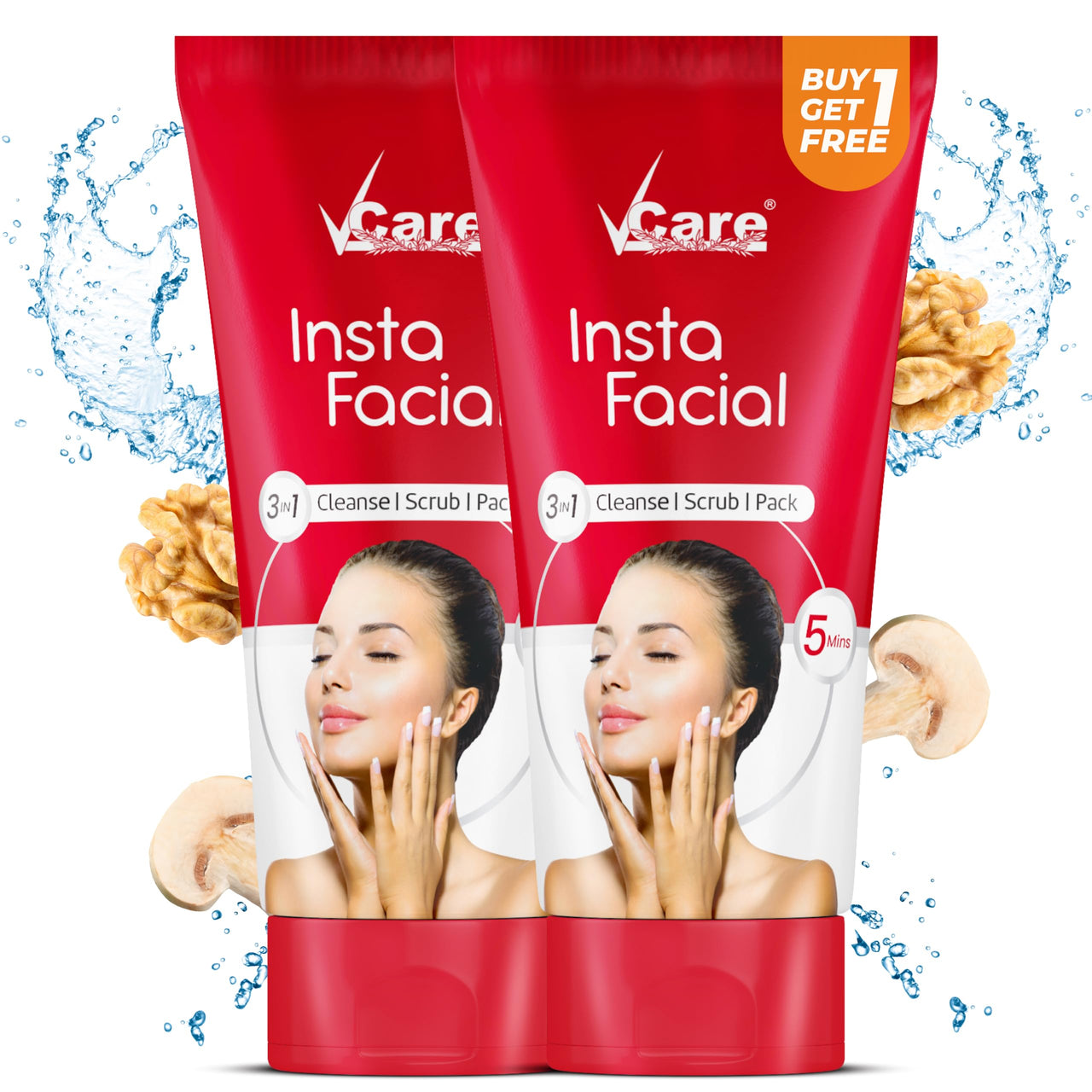 VCare Insta Facial Cream For Face Scrub, Cleanse And Skin Care Mask For Oily And Dry Skin | Instant Glow Brightening Face Pack With Songyi Mushroom And Walnut 50 Gm