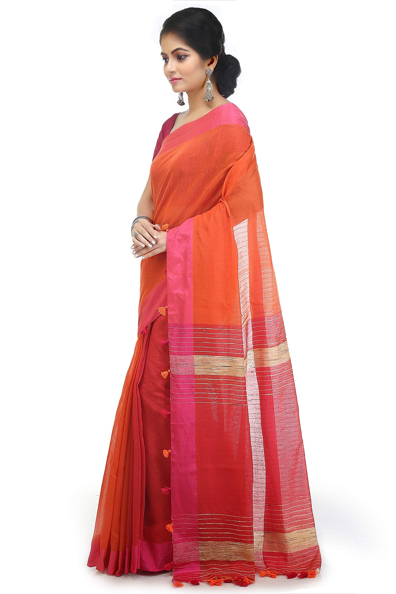 BENGAL HANDLOOM Women's  Art Silk Cotton Stripe Saree With Blouse Piece