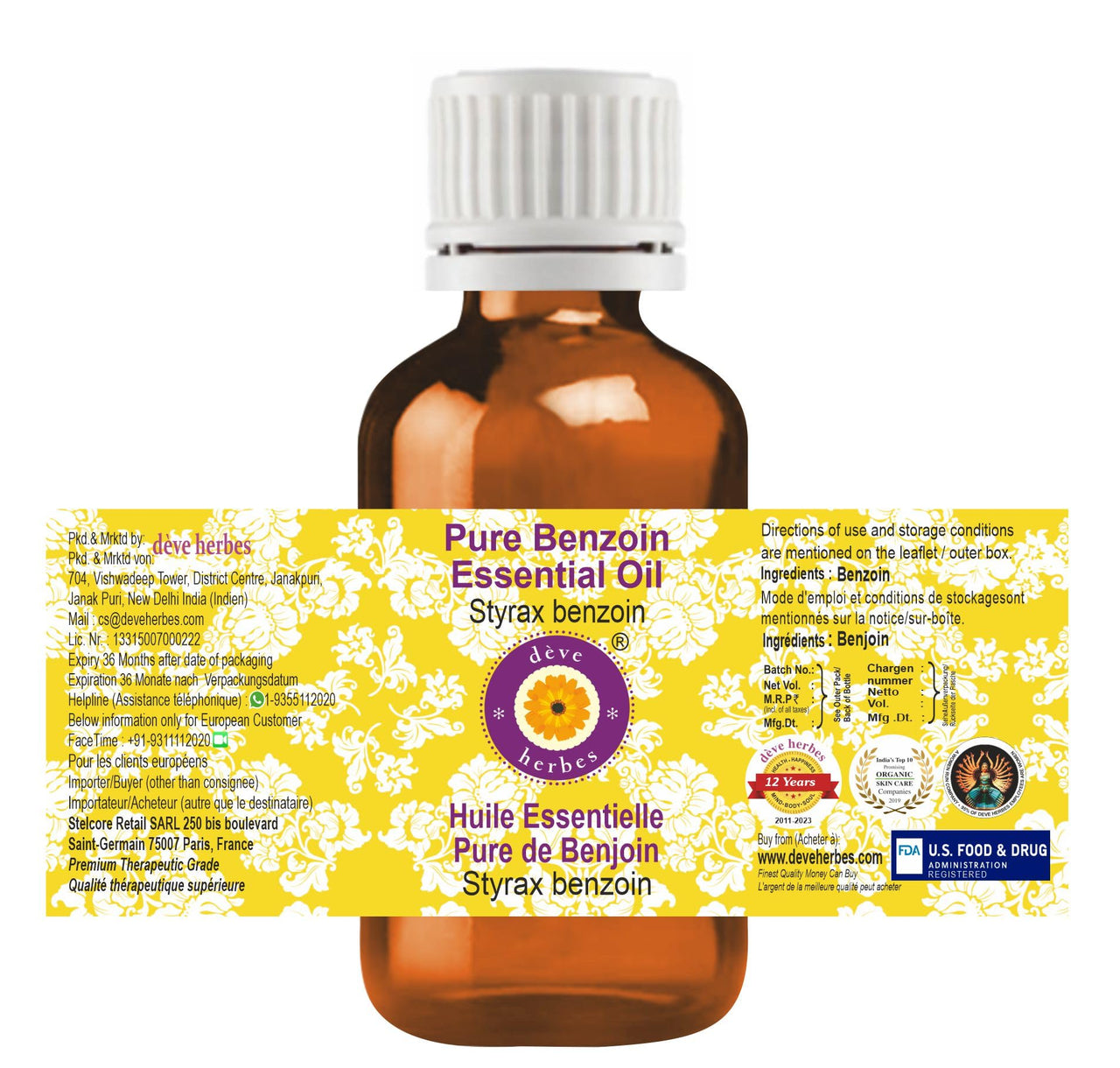 Deve Herbes Pure Benzoin Essential Oil (Styrax benzoin) Steam Distilled 15ml