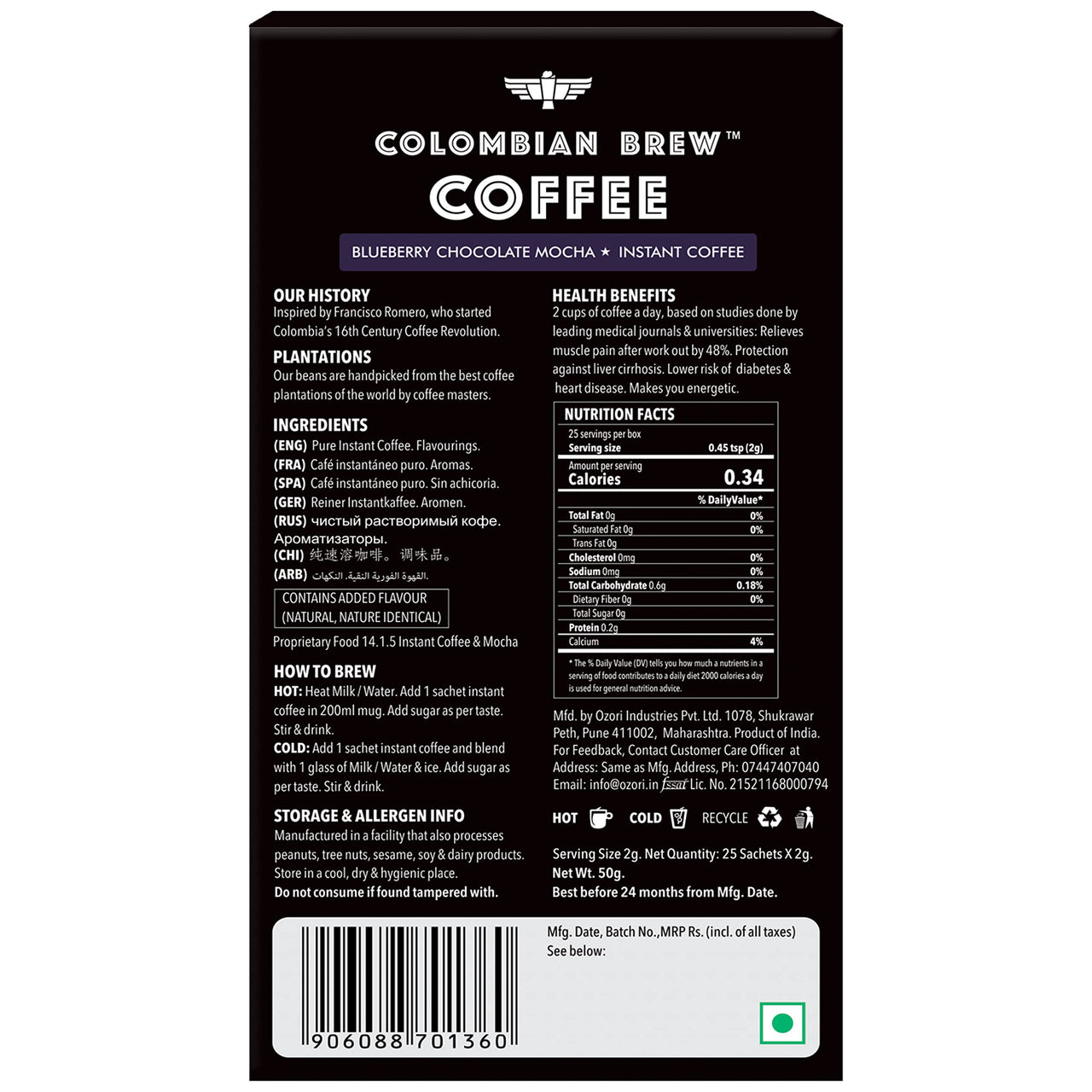 Colombian Brew Coffee, 100% Arabica Green Coffee Powder 200g & Colombian Brew Blueberry Chocolate Mocha Instant Coffee, No Sugar Vegan, 50g