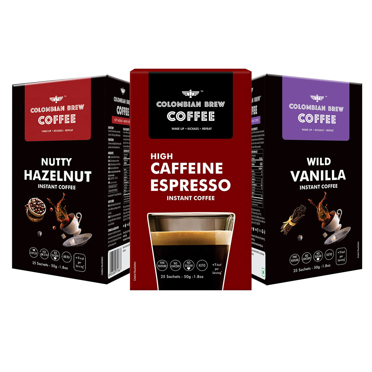 Colombian Brew Coffee Powder High Caffeine Espresso Instant 50g, Vanilla Instant 50g, Hazelnut Instant 50g, Buy 2 Get 1 Free
