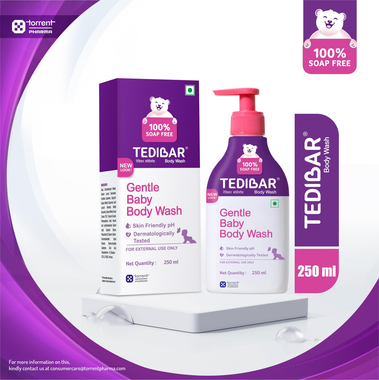Tedibar Rich Moisturising Baby Body Wash 250ml with Skin Friendly PH | 100% Soap & Alkali Free | Prevents Dryness & Rahses | Dermatologically Tested | - By Torrent Pharma (Pack of 2)