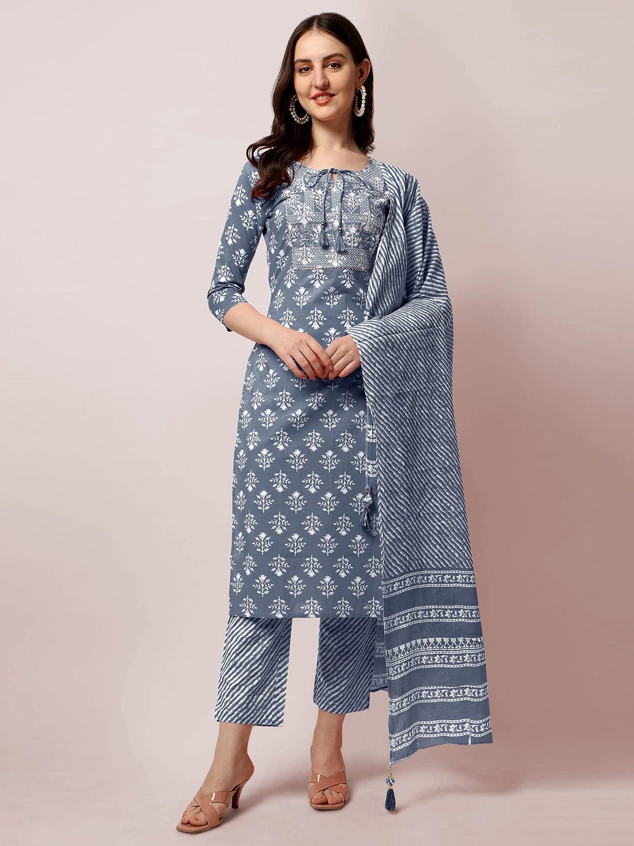 SOURBH Women's  Stylish Straight Fit Cotton Ethnic Block Motif Printed Kurta Set with Trouser Pant and Dupatta