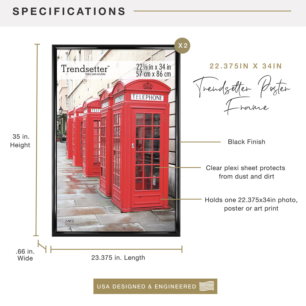 MCS Trendsetter 20x28 Poster Frame Black High-Gloss, Vertical & Horizontal Wall Hanging Large Picture Frame for Photos, Posters & Art Prints (1-Pack) 20 x 28 in Single