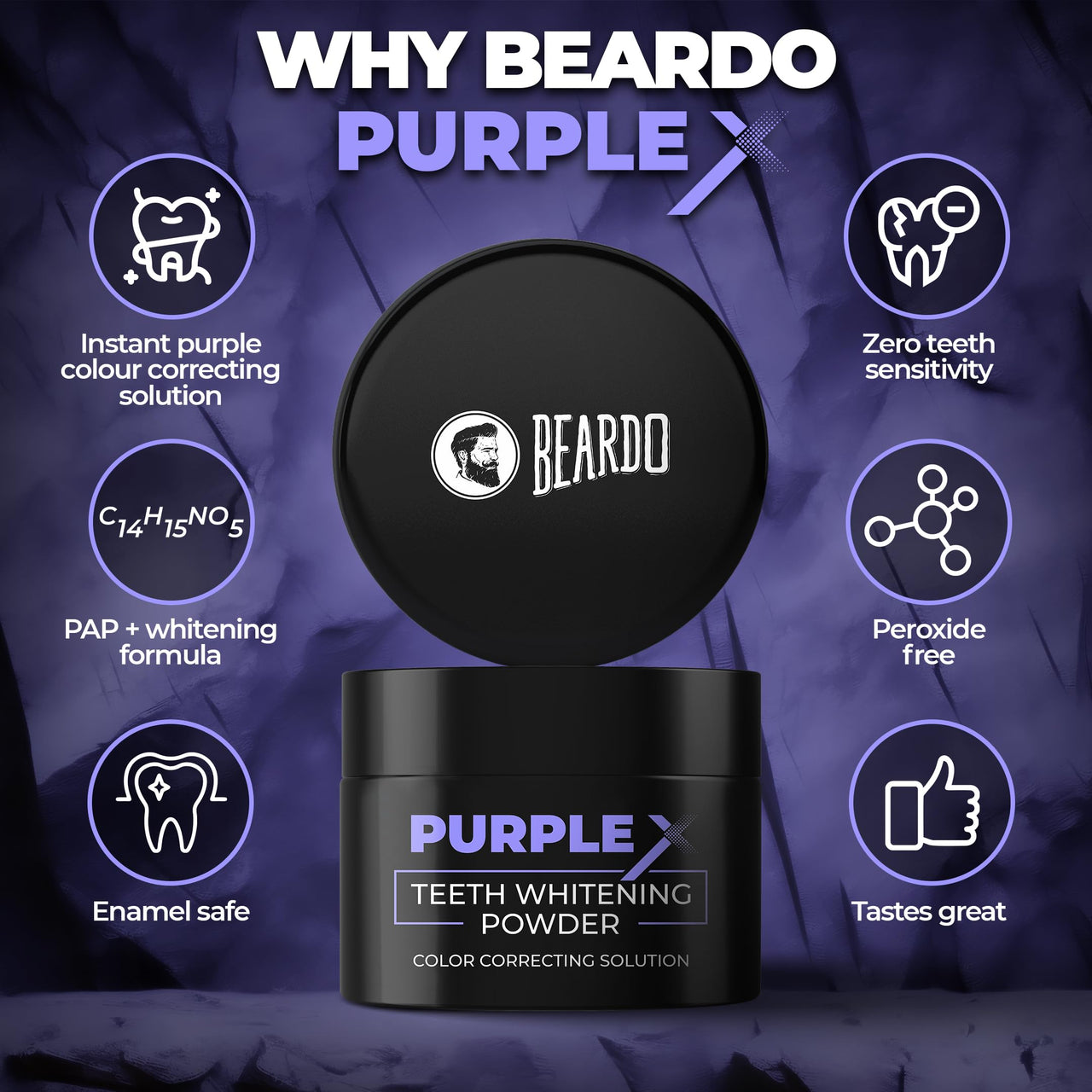 Beardo PurpleX Teeth Whitening Powder, 50g | Stain Removal and Teeth Whitening Solution | Enamel Safe | Prevents Bad Breath | With Papain and Bromelain Enzymes for Stain removal | Peroxide Free