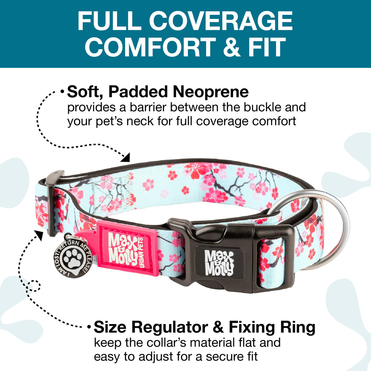 Max & Molly Soft Padded Neoprene Dog Collar w/Smart ID Gotcha! QR Pet Safety Tag, Durable, Waterproof, Anti-Stink, Machine Washable Collar for Dogs, Cherry Bloom Design, S