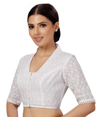 X3 Women's  Cotton Elbow Length Sleeves Chikankari Saree Blouse with Glass Neck