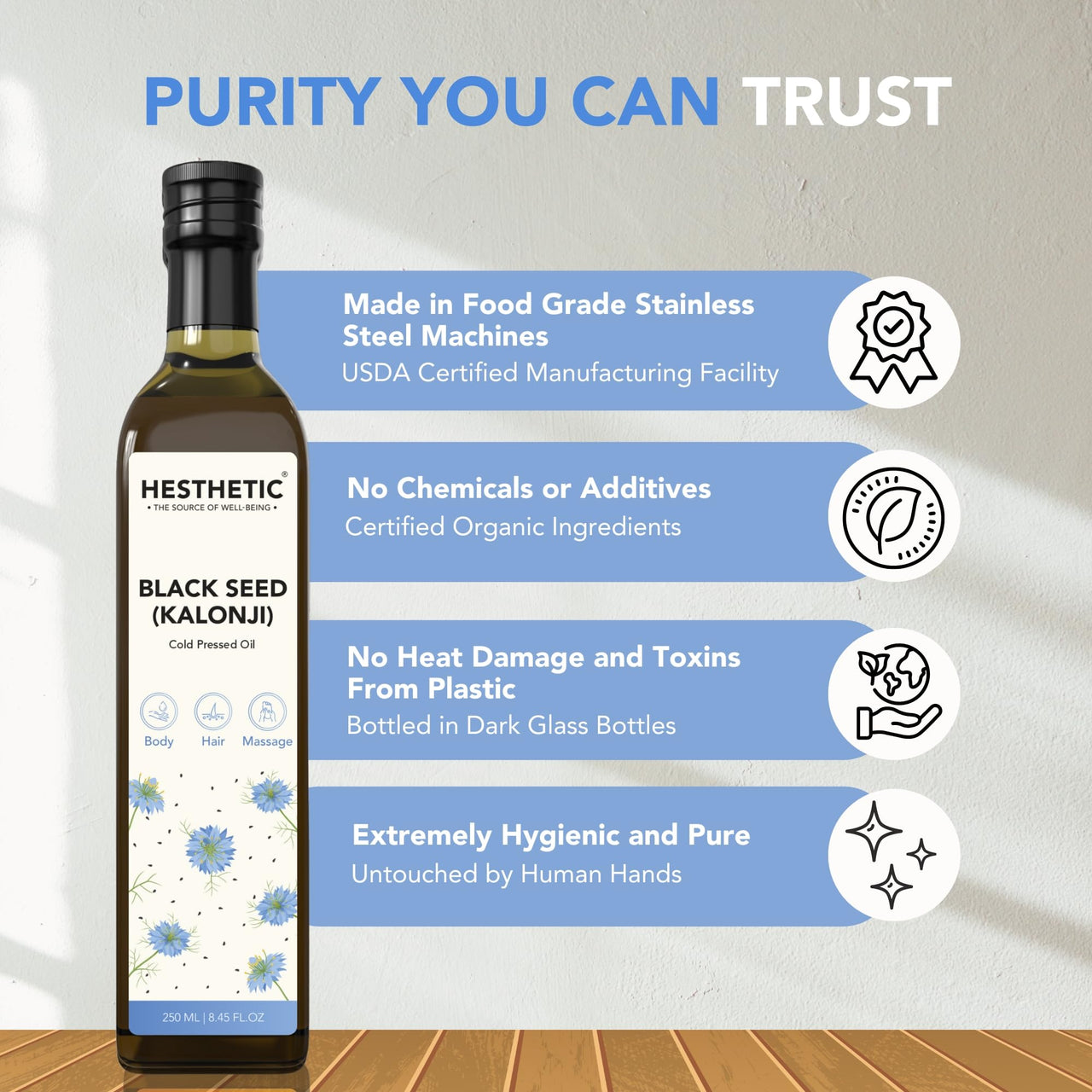 HESTHETIC Premium Cold Pressed Black Seed Oil, 100ml For Skin, Hair, and Massage, 100% Pure and Natural Virgin Kalonji Oil, High Thymoquinone, Skin Firming and Anti Aging, Glass Bottle