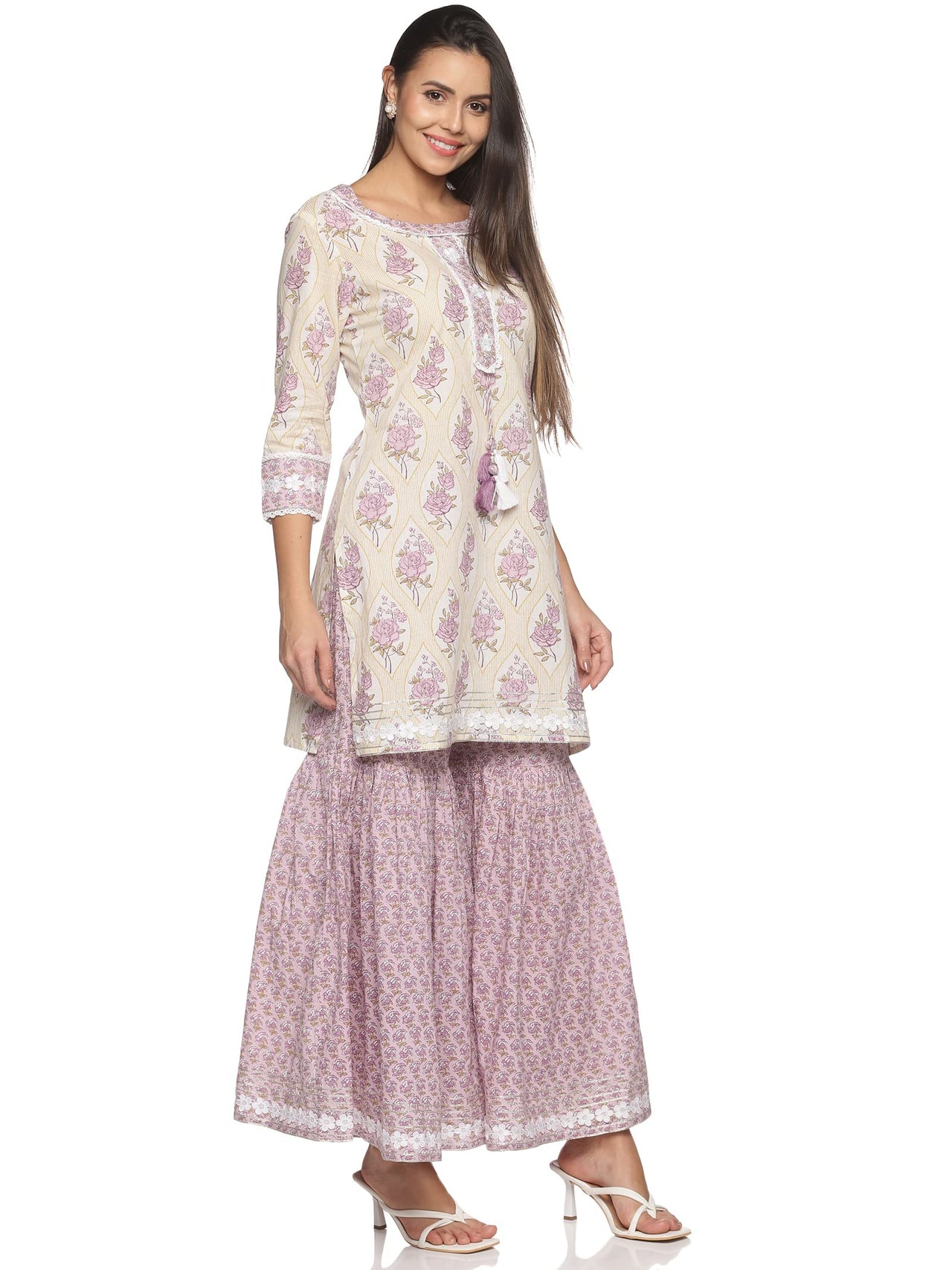 RAJMANDIRFABRICS Women's  Cotton Printed Straight Kurta Sharara With Dupatta Set