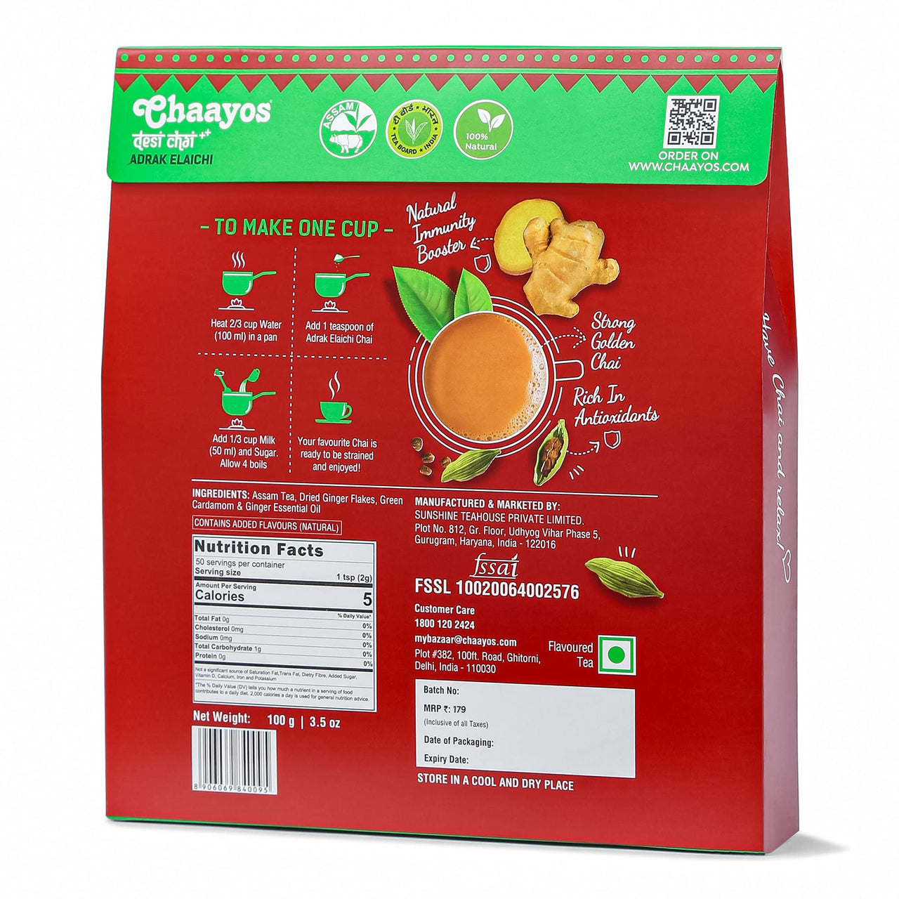 Chaayos Adrak Elaichi Tea (Ginger and Cardamom) - Premium Desi Chai Patti for Authentic Masala Flavour | Immunity Booster- 100g [50 Cups]