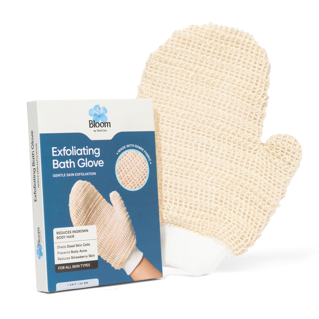Bloom Exfoliating Bath Glove | (1 glove) | Exfoliating Gloves to Reduce Ingrown Hair & Strawberry Legs | 100% Ramie Fabric | Gently Removes Dead Skin Cells | For Sensitive Skin (Right Hand Glove)