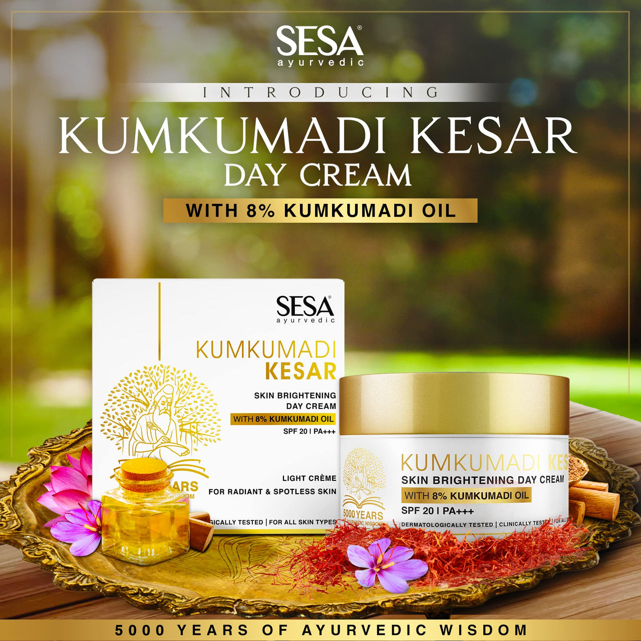 SESA Kumkumadi Kesar Day Cream 50g SPF 20 & PA++ Skin Brightening Ayurvedic Face Moisturizer Protection from Sun Damage Hydrating Face Cream For Women Daily Use Woman and Men, 50 gm