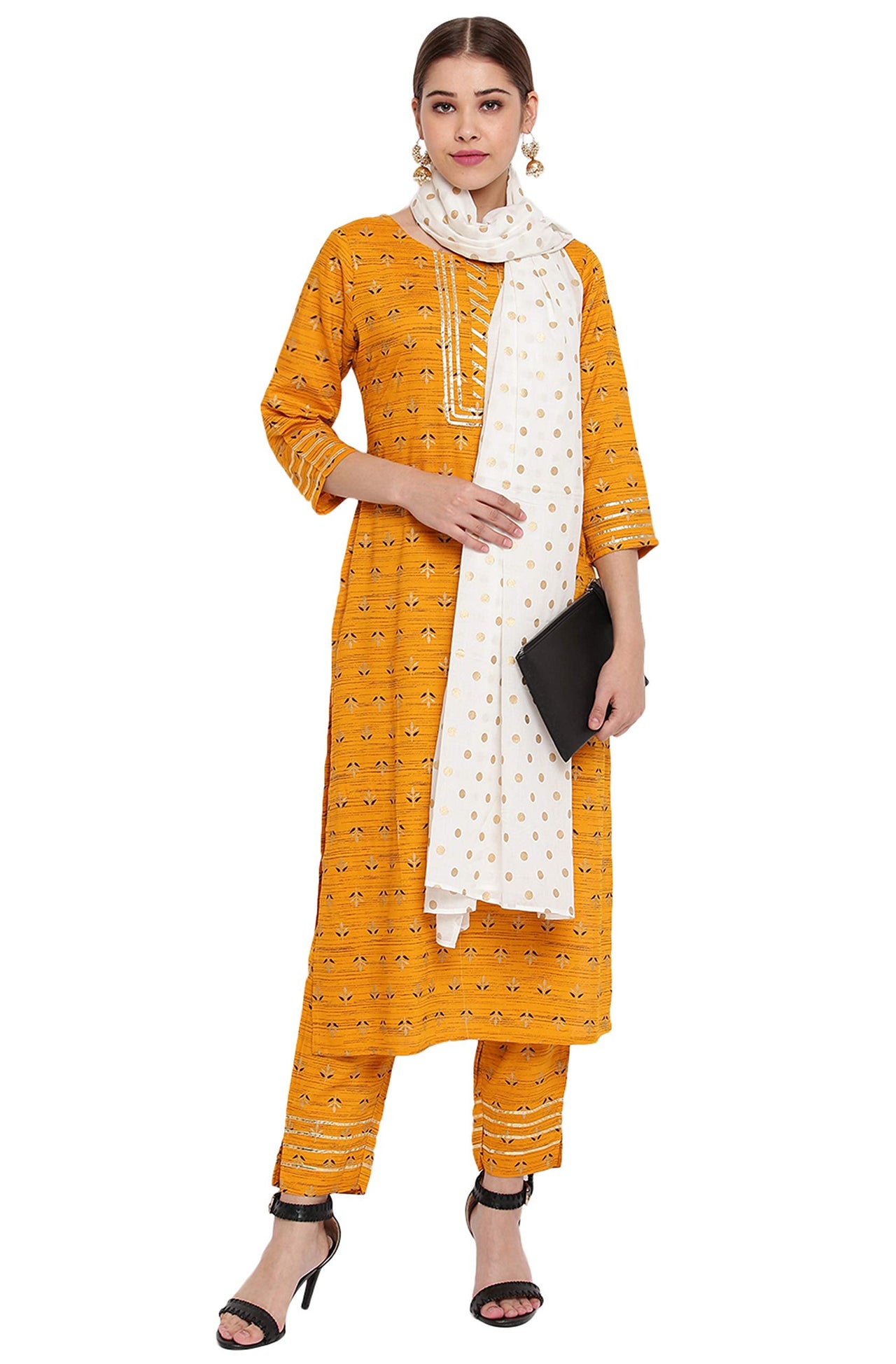 Janasya Women's  Mustard Rayon Straight Kurta with Pant and Dupatta
