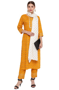 Janasya Women's  Mustard Rayon Straight Kurta with Pant and Dupatta