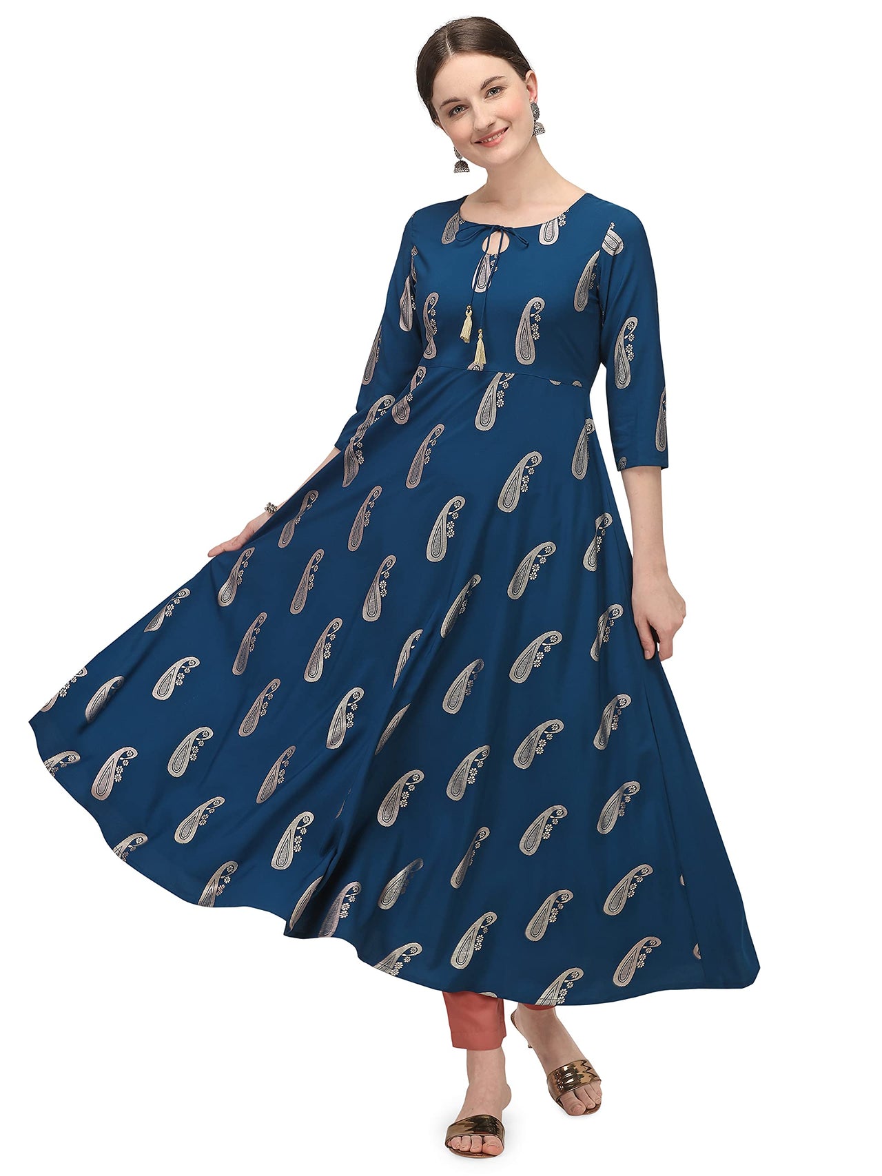 FIORRA Women's  Blue Poly Crepe Flared Kurta