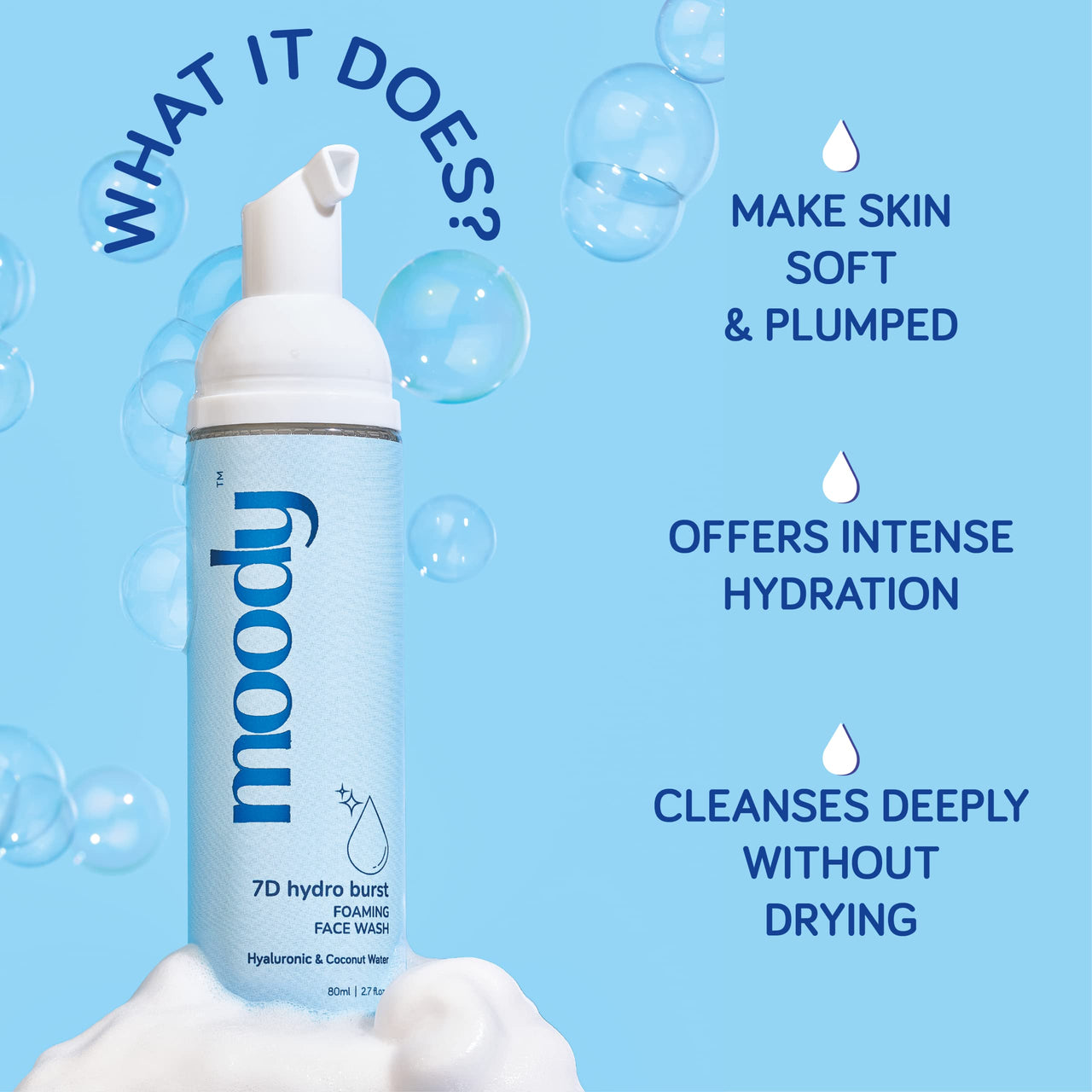 Moody 7D Hydro Burst Foaming Face Wash with Hyaluronic Acid & Coconut | Deep Pore Cleansing | Face Wash for Glowing Skin | Non-Drying & Gentle Cleanser | Sulphate Free & Vegan | Men & Women,80 ml